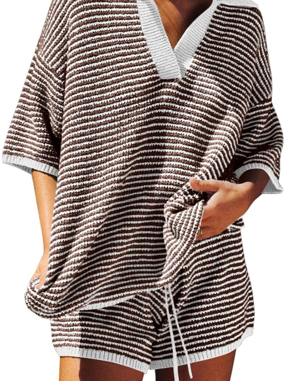 Women’s Brown & White Striped V-Neck Short Sleeve Knit Top